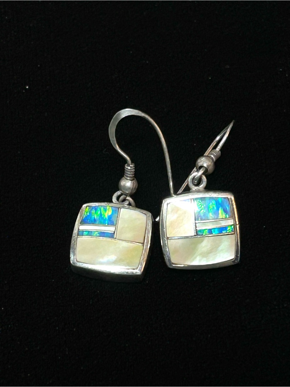 Navajo Sterling Silver Mother of Pearl and Blue Opal Inlay Drop Earrings, Signed